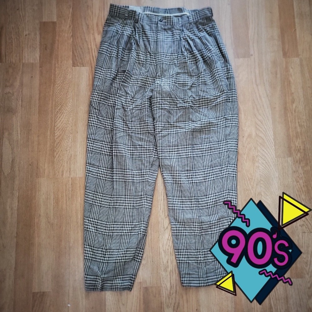 Vintage 90s Index Men Plaid Pleated Pants 34x33 Rayon‎ Silk Blend